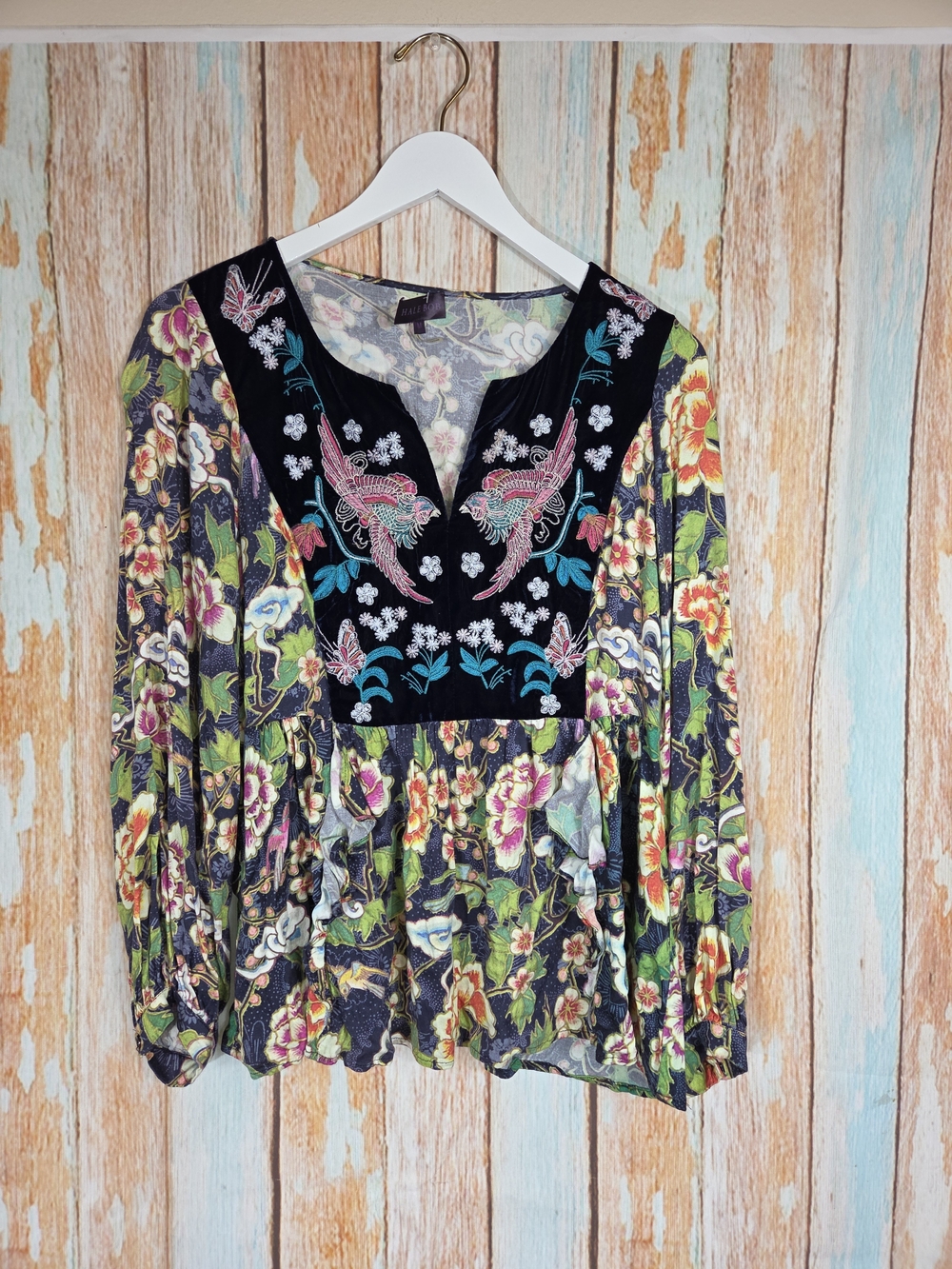 Hale Bob Black Multi Floral Bird Embroidered V-Neck Tunic Long Sleeve Boho. Sz M